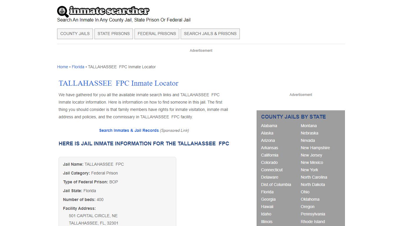 TALLAHASSEE FPC Inmate Locator - Inmate Searcher