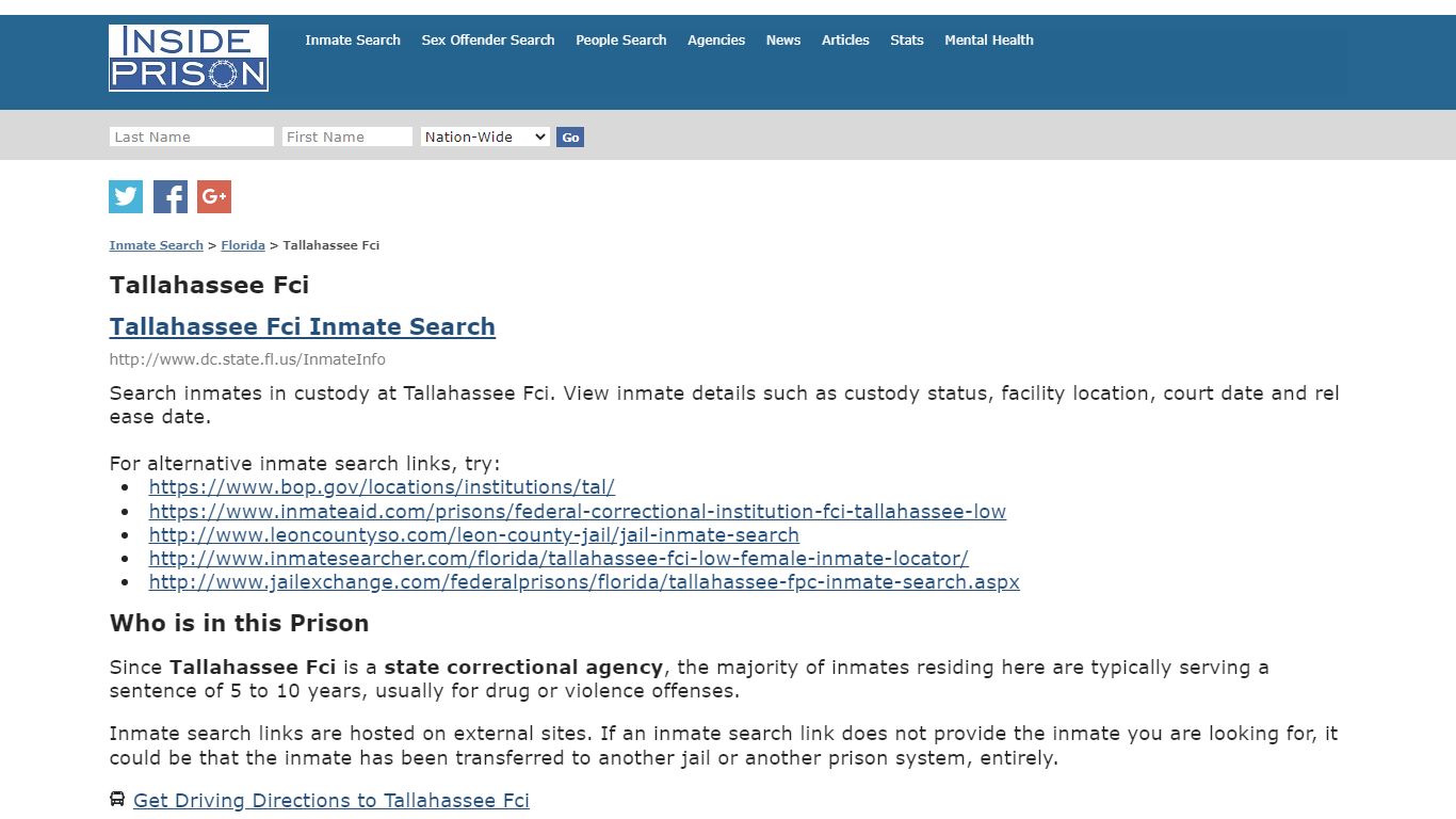 Tallahassee Fci - Florida - Inmate Search - Inside Prison